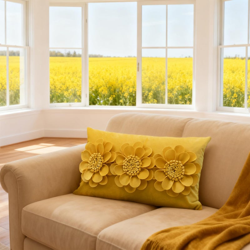 JWH 3D Flower Throw Pillow Cover Decorative Sunflower Accent Pillow Case Velvet Cushion Lumbar Floral Pillowcase for Home Bed Couch Living Room 12x20 Inches Gold Yellow - Image 2